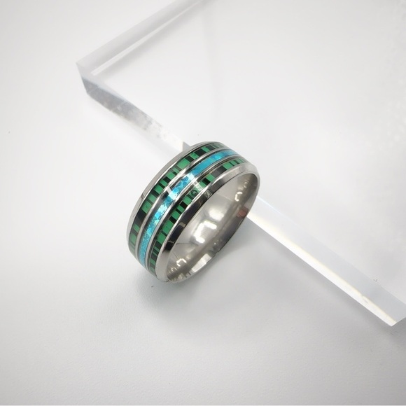 Stainless Steel Ring with Green and Blue Inlay - Picture 17 of 17